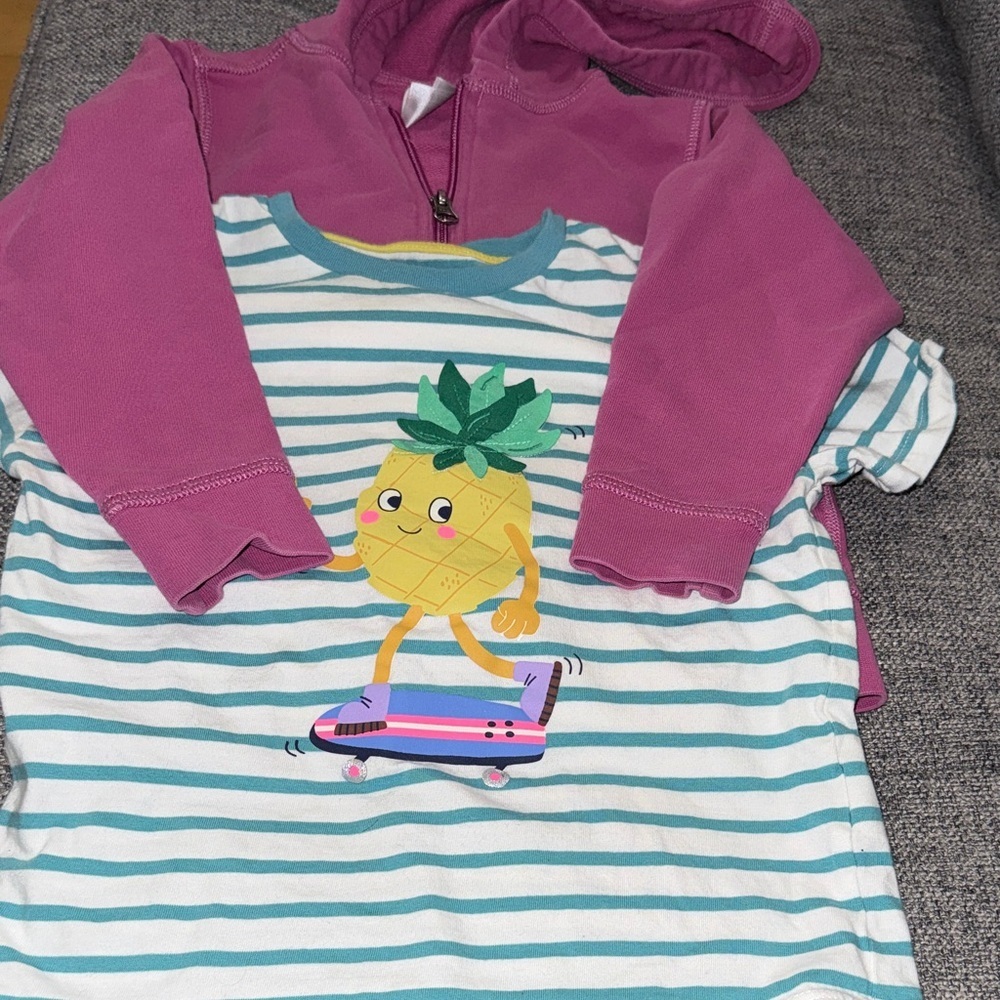 Hannah Andersson pink zip up hoodie and Boden pineapple graphic tee size 4